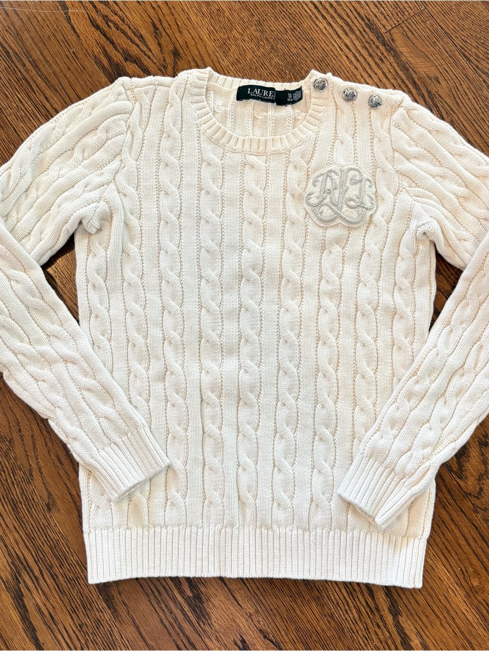 Ralph Lauren Off-White Cable Knit Crewneck Sweater with Shoulder Buttons